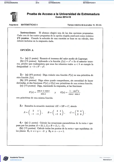 Vista previa de Examen PAU de Matemáticas II de Extremadura 2015 – Extraordinaria