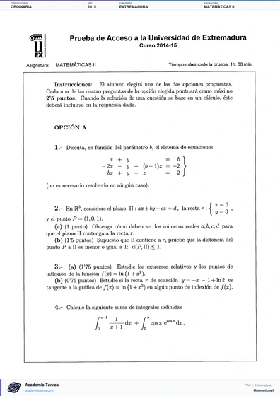 Vista previa de Examen PAU de Matemáticas II de Extremadura 2015 – Ordinaria