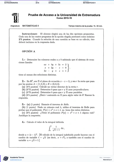 Vista previa de Examen PAU de Matemáticas II de Extremadura 2016 – Extraordinaria