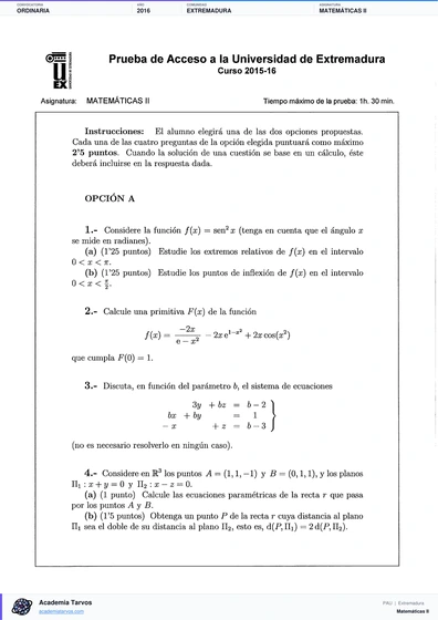 Vista previa de Examen PAU de Matemáticas II de Extremadura 2016 – Ordinaria