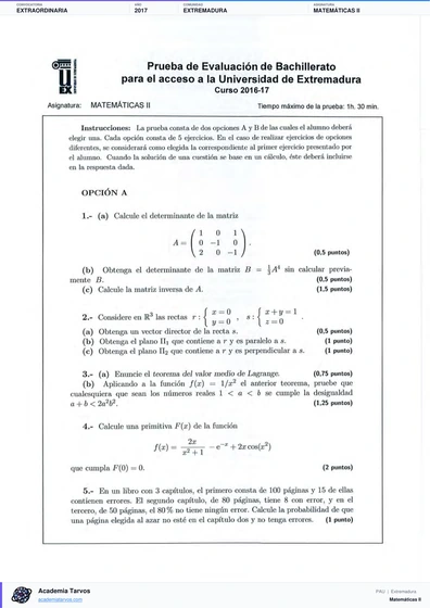 Vista previa de Examen PAU de Matemáticas II de Extremadura 2017 – Extraordinaria