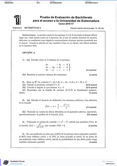 Vista previa de Examen PAU de Matemáticas II de Extremadura 2017 – Ordinaria