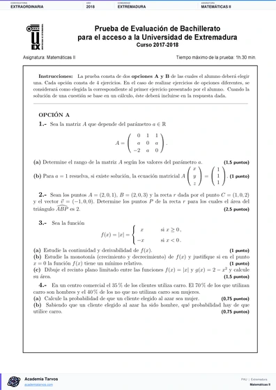 Vista previa de Examen PAU de Matemáticas II de Extremadura 2018 – Extraordinaria