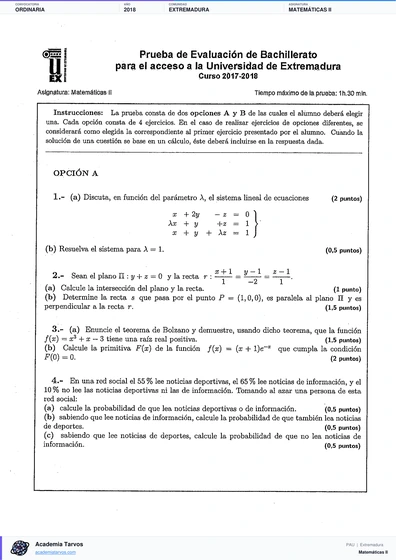 Vista previa de Examen PAU de Matemáticas II de Extremadura 2018 – Ordinaria