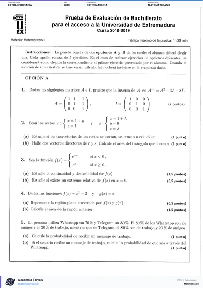 Vista previa de Examen PAU de Matemáticas II de Extremadura 2019 – Extraordinaria