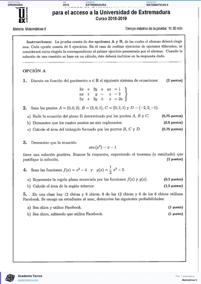 Vista previa de Examen PAU de Matemáticas II de Extremadura 2019 – Ordinaria
