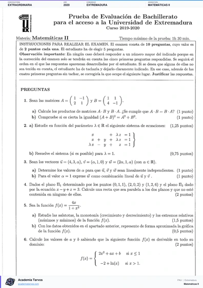 Vista previa de Examen PAU de Matemáticas II de Extremadura 2020 – Extraordinaria