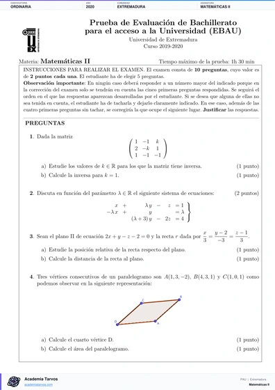 Vista previa de Examen PAU de Matemáticas II de Extremadura 2020 – Ordinaria