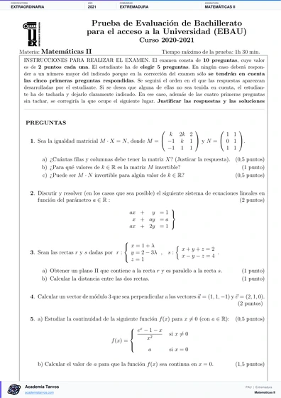 Vista previa de Examen PAU de Matemáticas II de Extremadura 2021 – Extraordinaria