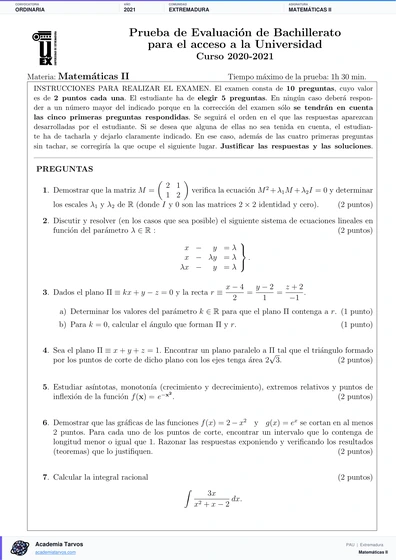 Vista previa de Examen PAU de Matemáticas II de Extremadura 2021 – Ordinaria