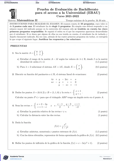 Vista previa de Examen PAU de Matemáticas II de Extremadura 2022 – Extraordinaria