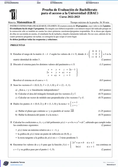 Vista previa de Examen PAU de Matemáticas II de Extremadura 2023 – Extraordinaria