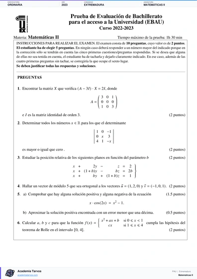 Vista previa de Examen PAU de Matemáticas II de Extremadura 2023 – Ordinaria
