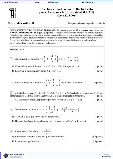 Vista previa de Examen PAU de Matemáticas II de Extremadura 2024 – Extraordinaria