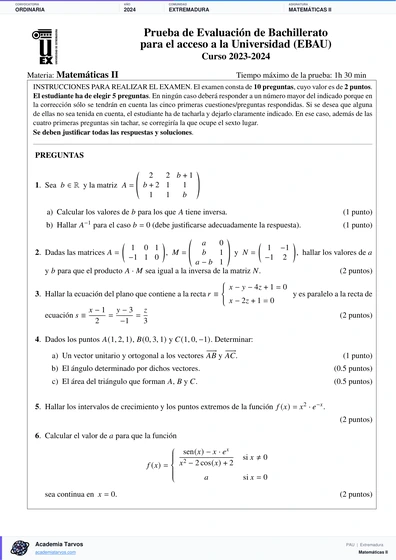Vista previa de Examen PAU de Matemáticas II de Extremadura 2024 – Ordinaria