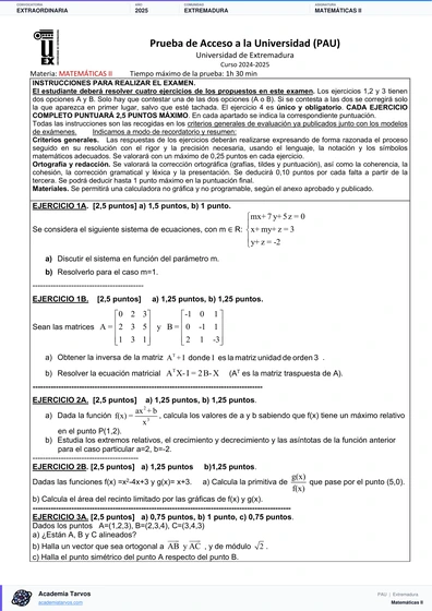 Vista previa de Examen PAU de Matemáticas II de Extremadura 2025 – Extraordinaria