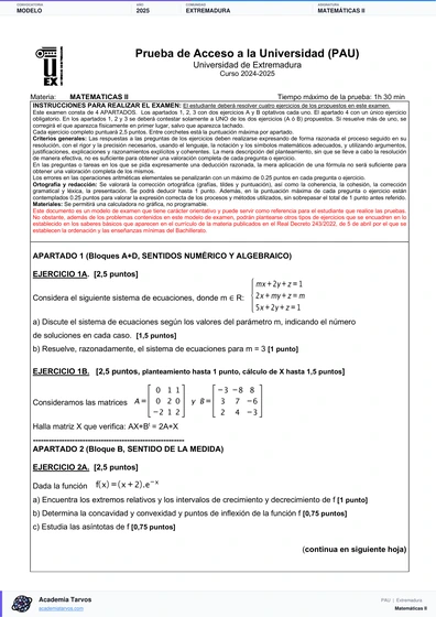 Vista previa de Modelo PAU de Matemáticas II de Extremadura 2025