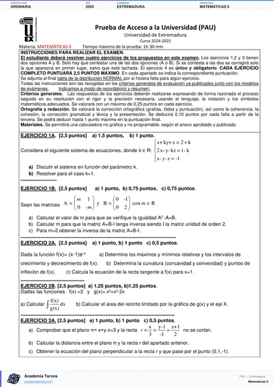 Vista previa de Examen PAU de Matemáticas II de Extremadura 2025 – Ordinaria