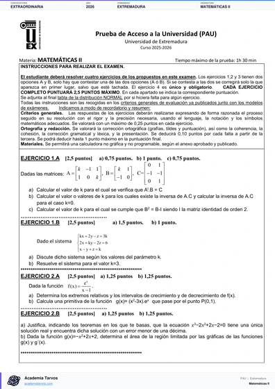 Vista previa de Examen PAU de Matemáticas II de Extremadura 2026 – Extraordinaria