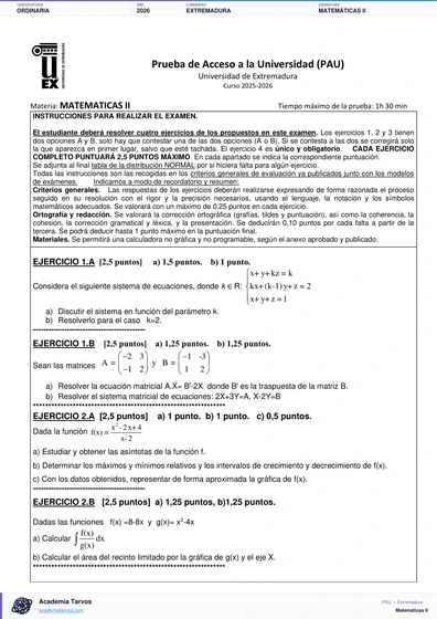 Vista previa de Examen PAU de Matemáticas II de Extremadura 2026 – Ordinaria