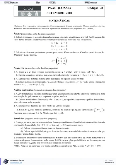 Vista previa de Examen PAU de Matemáticas II de Galicia 2001 – Extraordinaria