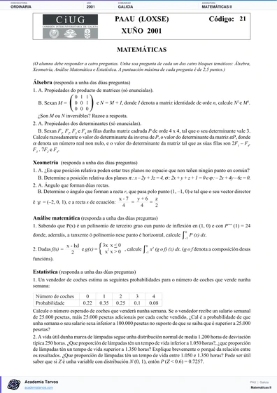 Vista previa de Examen PAU de Matemáticas II de Galicia 2001 – Ordinaria