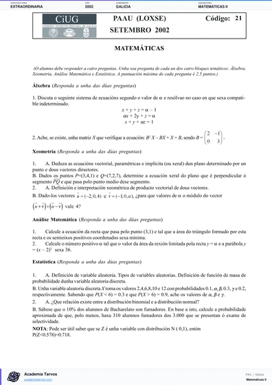 Vista previa de Examen PAU de Matemáticas II de Galicia 2002 – Extraordinaria