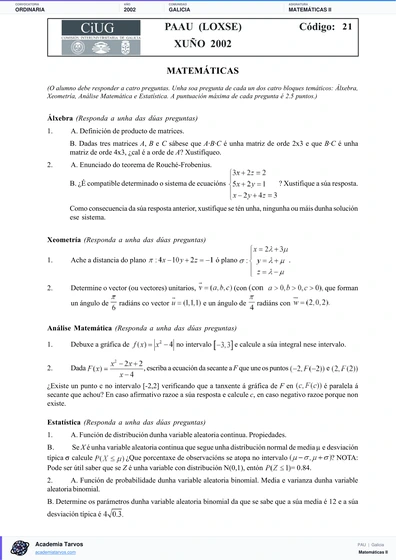 Vista previa de Examen PAU de Matemáticas II de Galicia 2002 – Ordinaria
