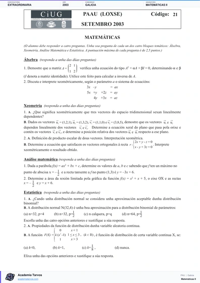 Vista previa de Examen PAU de Matemáticas II de Galicia 2003 – Extraordinaria
