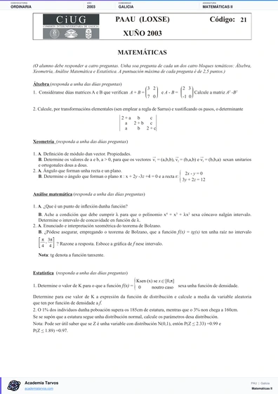 Vista previa de Examen PAU de Matemáticas II de Galicia 2003 – Ordinaria