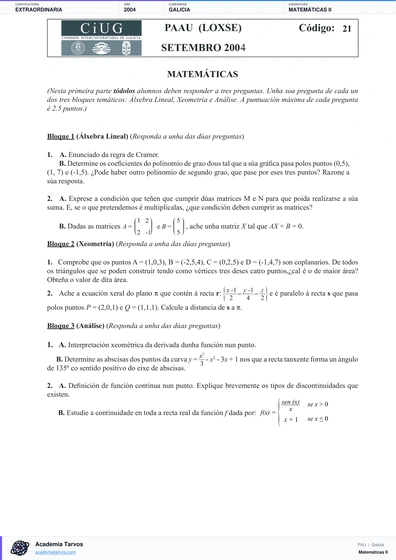 Vista previa de Examen PAU de Matemáticas II de Galicia 2004 – Extraordinaria