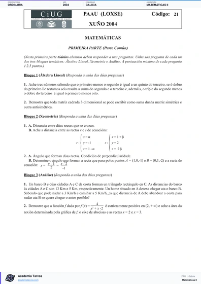 Vista previa de Examen PAU de Matemáticas II de Galicia 2004 – Ordinaria