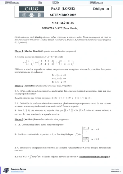 Vista previa de Examen PAU de Matemáticas II de Galicia 2005 – Extraordinaria