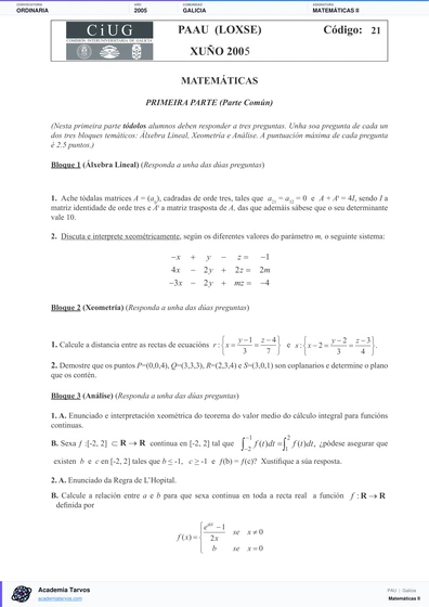 Vista previa de Examen PAU de Matemáticas II de Galicia 2005 – Ordinaria