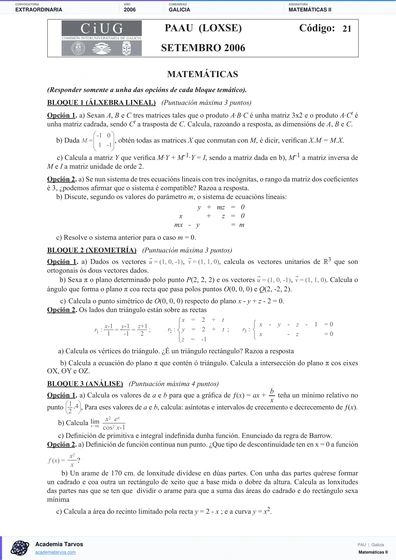Vista previa de Examen PAU de Matemáticas II de Galicia 2006 – Extraordinaria