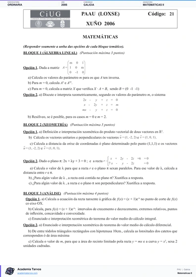 Vista previa de Examen PAU de Matemáticas II de Galicia 2006 – Ordinaria