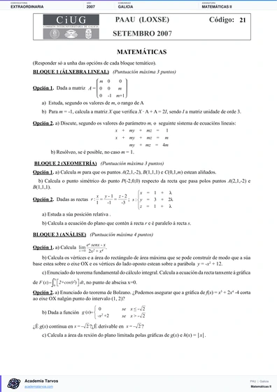 Vista previa de Examen PAU de Matemáticas II de Galicia 2007 – Extraordinaria