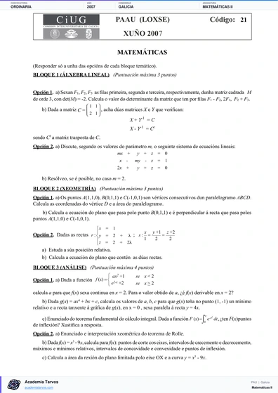 Vista previa de Examen PAU de Matemáticas II de Galicia 2007 – Ordinaria