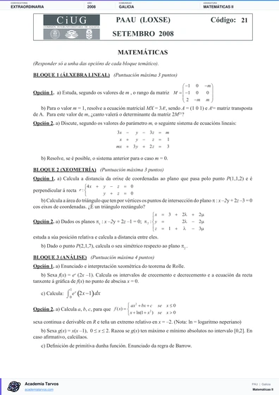Vista previa de Examen PAU de Matemáticas II de Galicia 2008 – Extraordinaria