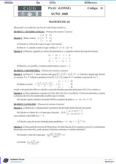 Vista previa de Examen PAU de Matemáticas II de Galicia 2008 – Ordinaria