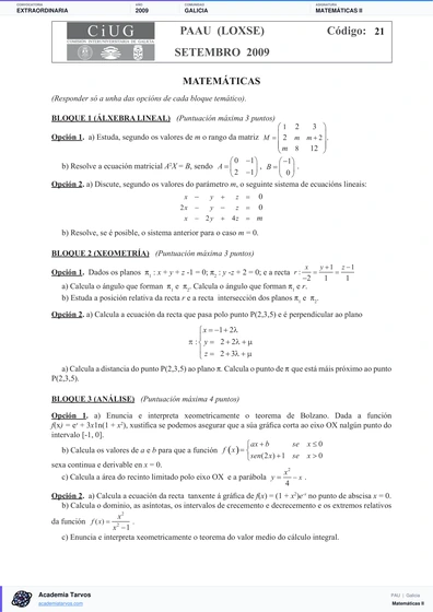 Vista previa de Examen PAU de Matemáticas II de Galicia 2009 – Extraordinaria