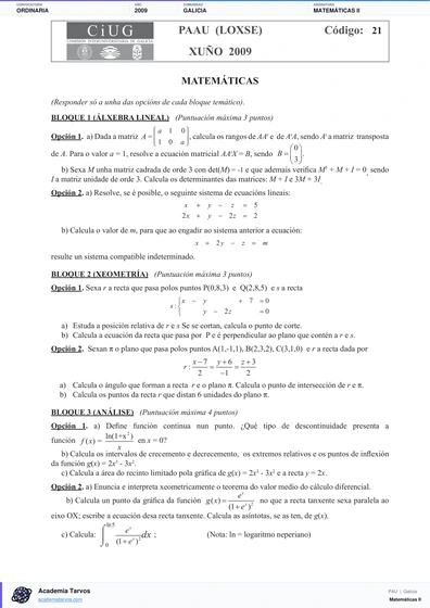 Vista previa de Examen PAU de Matemáticas II de Galicia 2009 – Ordinaria