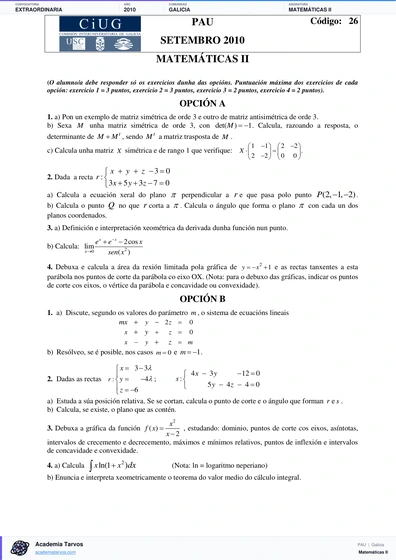 Vista previa de Examen PAU de Matemáticas II de Galicia 2010 – Extraordinaria