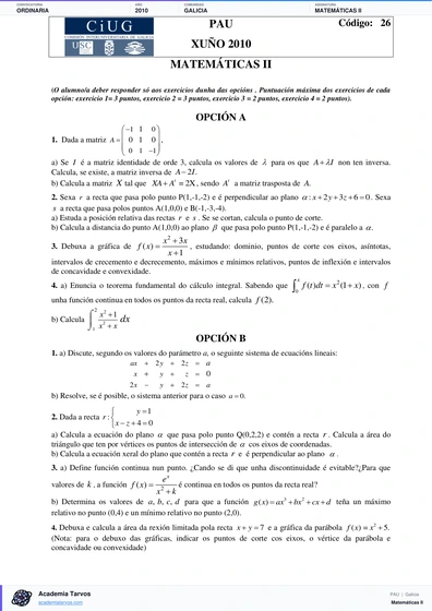 Vista previa de Examen PAU de Matemáticas II de Galicia 2010 – Ordinaria