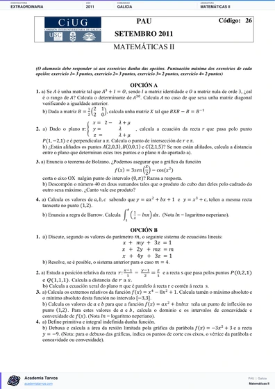 Vista previa de Examen PAU de Matemáticas II de Galicia 2011 – Extraordinaria