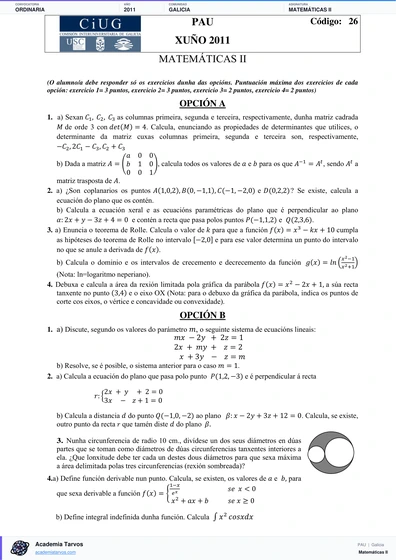 Vista previa de Examen PAU de Matemáticas II de Galicia 2011 – Ordinaria
