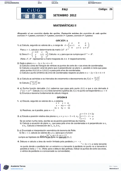Vista previa de Examen PAU de Matemáticas II de Galicia 2012 – Extraordinaria