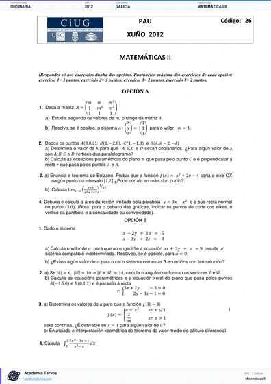 Vista previa de Examen PAU de Matemáticas II de Galicia 2012 – Ordinaria
