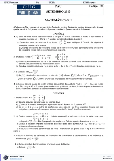 Vista previa de Examen PAU de Matemáticas II de Galicia 2013 – Extraordinaria