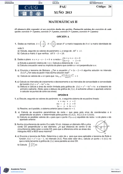 Vista previa de Examen PAU de Matemáticas II de Galicia 2013 – Ordinaria